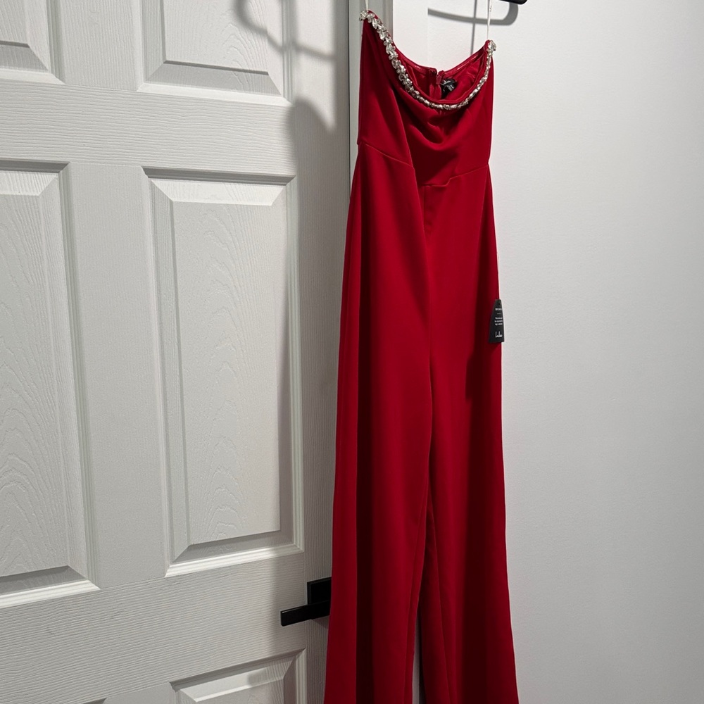 Lulu's Red Jumpsuit with Embellished Neckline